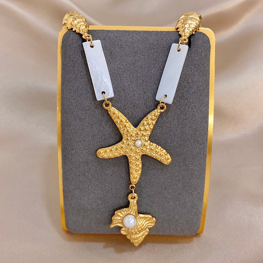 Flashbuy Golden Ocean Charm Necklace, Starfish Crab Octopus Pendant, Boho Beach Jewelry for Women, Summer Vacation Accessory
