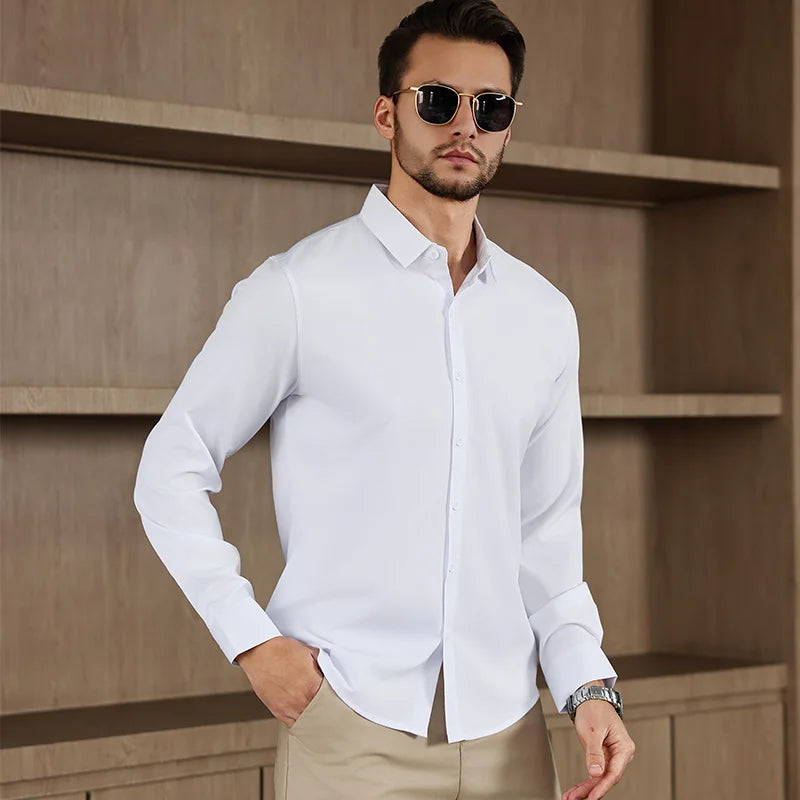 New Men's Business Casual Long Sleeved Solid Color Shirt Wrinkle Resistant Wrinkle Free Comfortable All Season Versatile Top