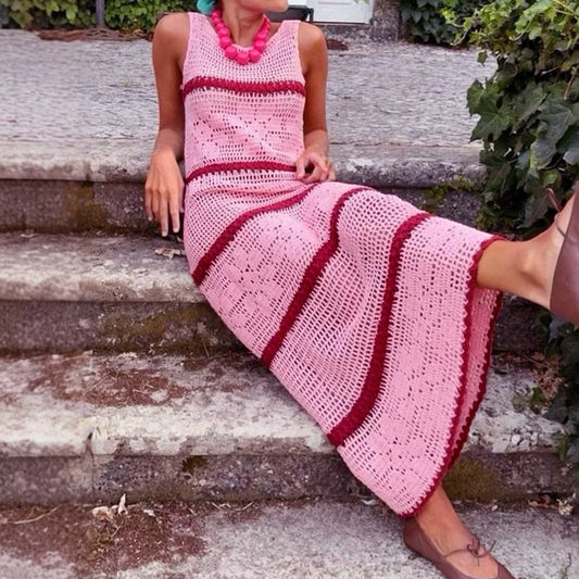 Casual Hollow Knitted Sleeveless Long Dress Striped Printed Straight O-Neck Dresses 2026 Summer New Beach Vacation