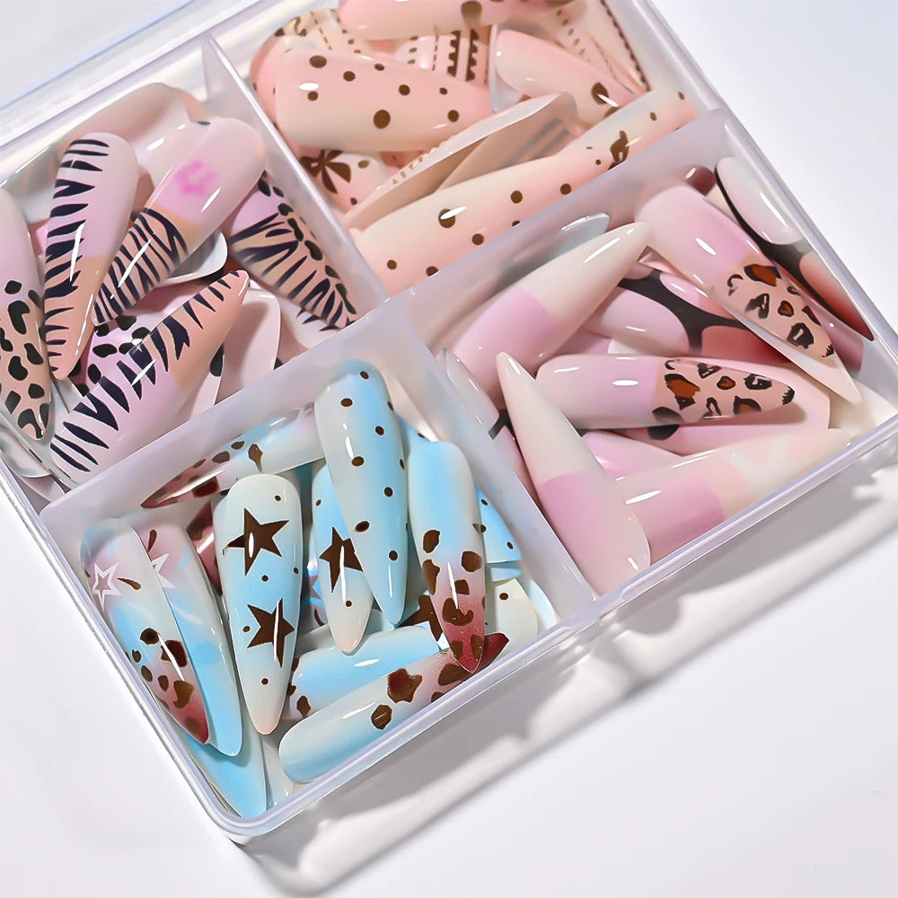 96Pcs French Almond Full Cover Fake Nail with Leopard Print Design 3D Bow Star Long Stiletto False Nails Women Press on Nails