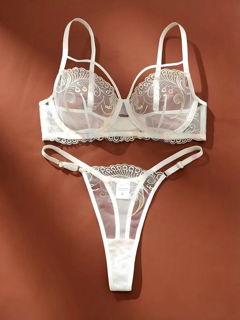 Iridescent Peacock Feather Lace Lingerie Set for Women - Sexy Sheer Mesh Push Up Bra and Thong Panty 2 Piece Underwear Sets
