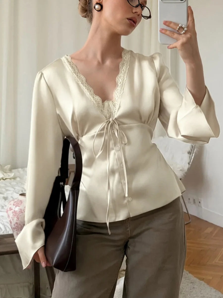 Vintage Lace Patchwork Satin Shirts Women Lace Up Long Sleeve Slim V-Neck Romantic Tops Female Spring Autumn Commute Streetwear