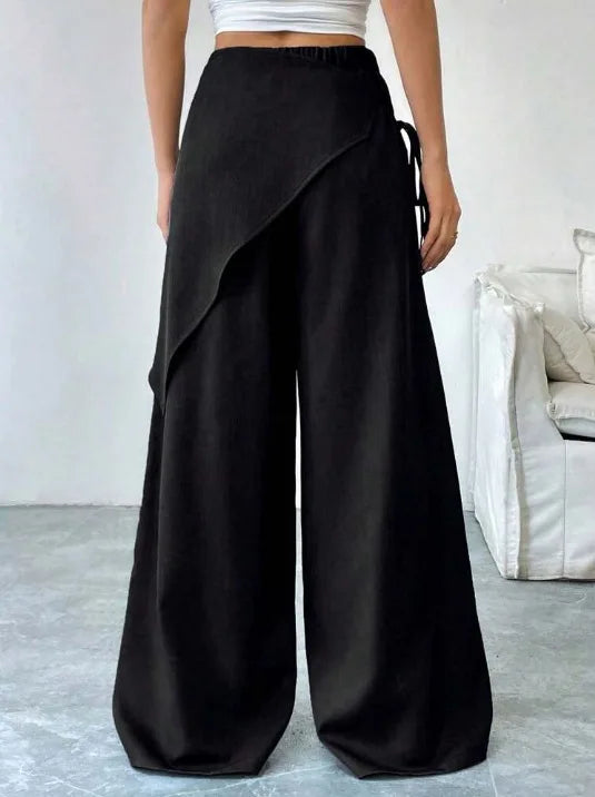 Elegant Irregular Suit Pants for Women High Waist Loose Wide Leg Pants Asymmetrical Lace Up Trousers Elastic Waist Casual Pants