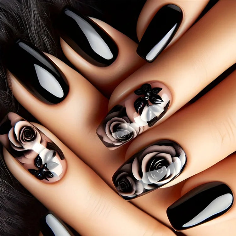 24Pcs Solid Black Short False Nails with Rose Pattern Design Ballerina Square Artificial Full Cover Press on Nail Tips for Girls