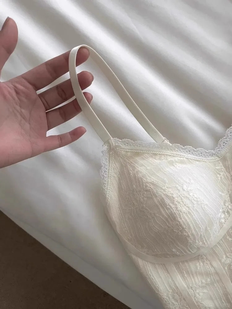 MOYISU French Lace Halter Bralette - Backless Wireless | Convertible & Removable Pads | White Comfort Bra for Daily/Evening Wear
