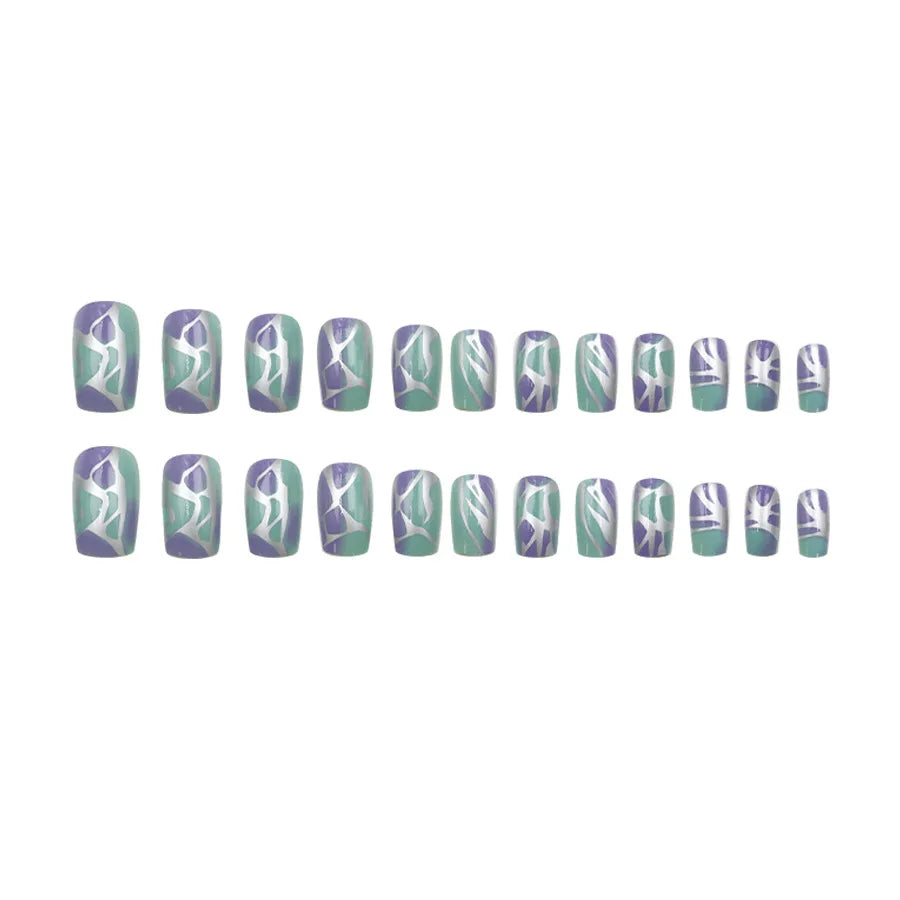 Short Medium fake nails glossy Y2K gradient green purple silver pink white golden geometric reusable ABS Artificial nails kit