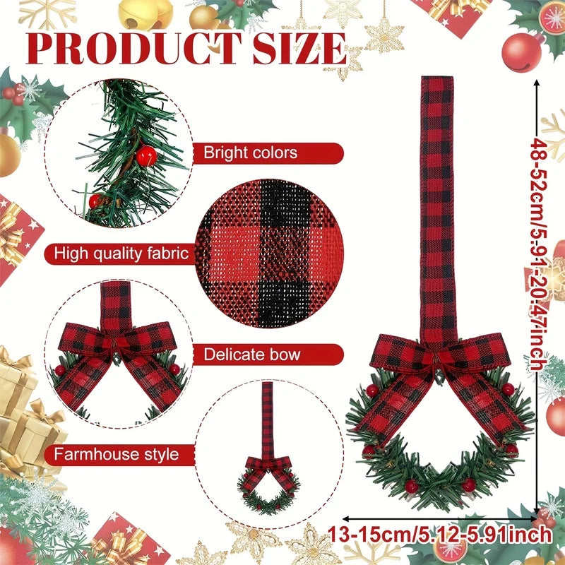 6pcs Christmas Kitchen Cabinet Wreaths with Ribbon, Mini Christmas Wreath Small Kitchen Xmas Decor for Window Door 