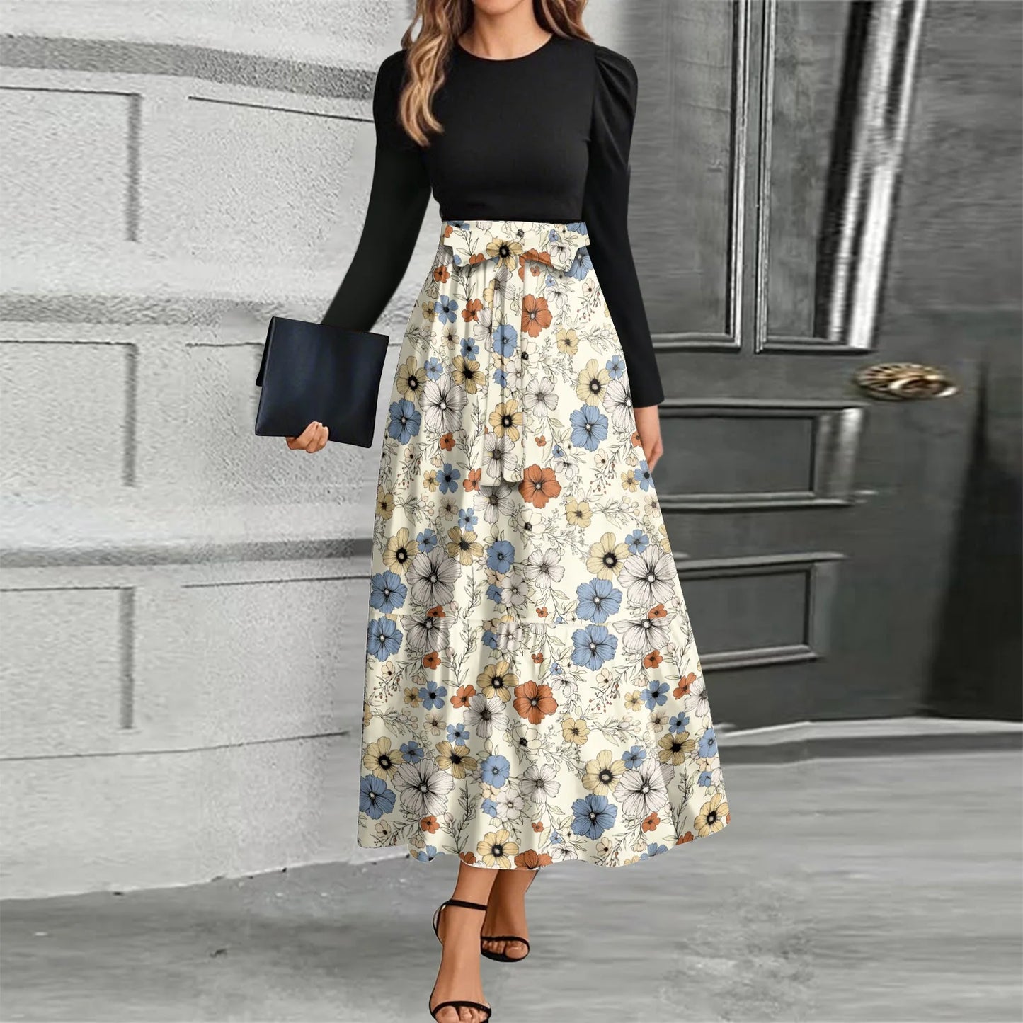 Printed High-Waist Long Sleeve Maxi Dress – O-Neck 2026