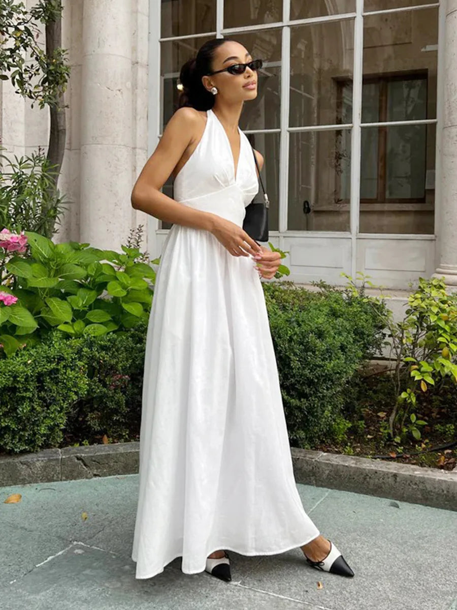 BKLD Pure Cotton Long Dresses 2026 Spring Summer High Waist V-Neck Lace-Up Maxi Dress Party Clubwear Solid Color Women Clothing