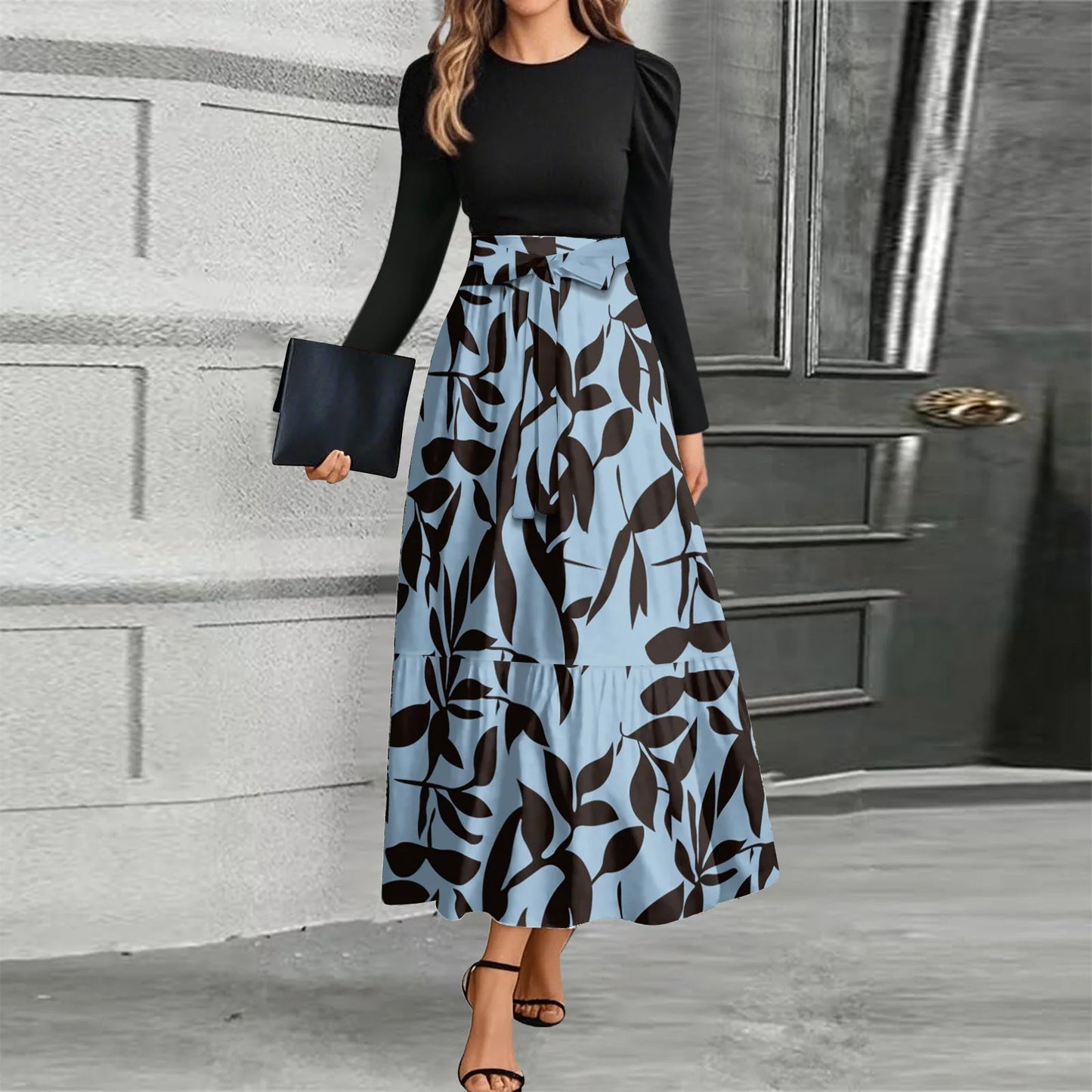 Printed High-Waist Long Sleeve Maxi Dress – O-Neck 2026