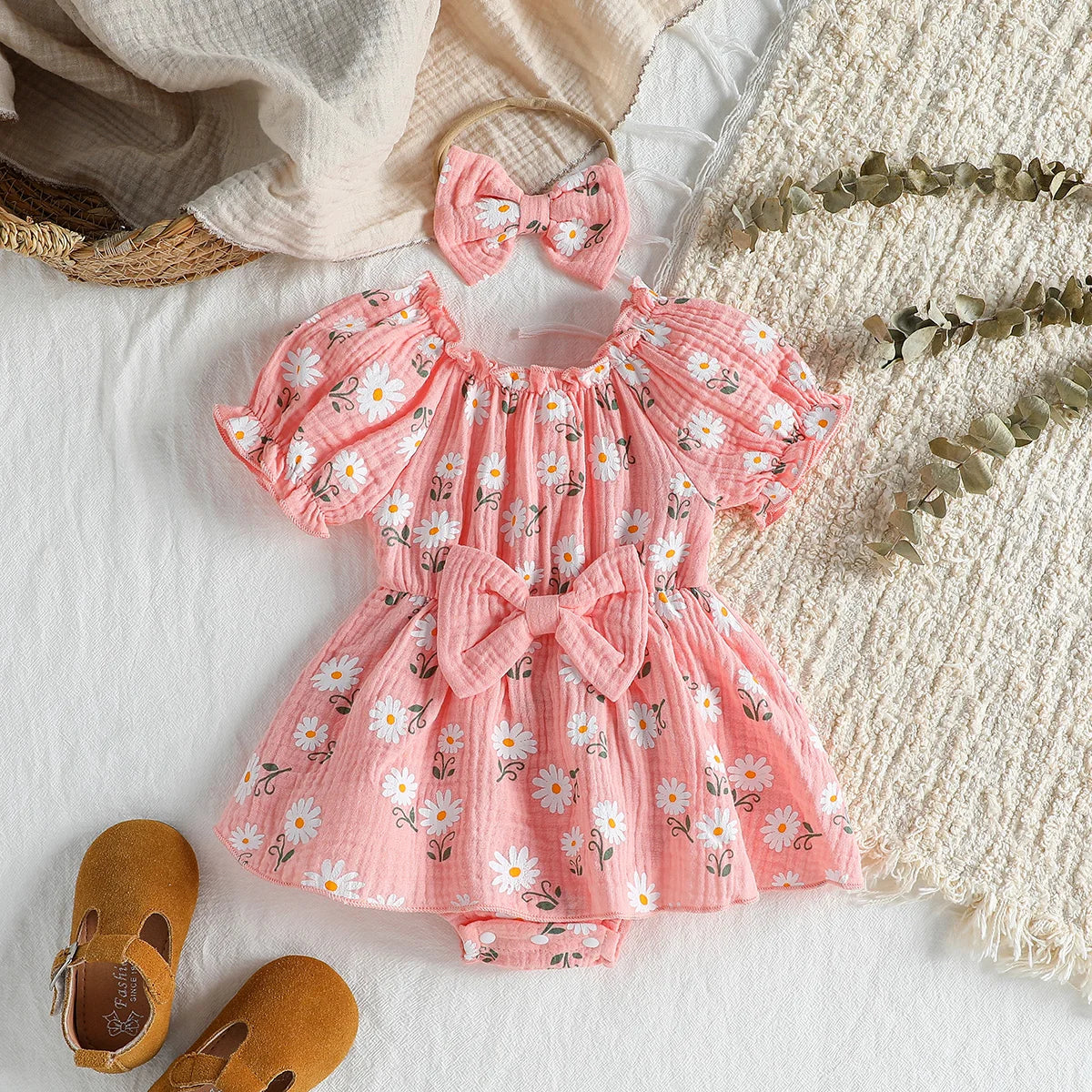 2Pcs Summer Newborn Soft  Cotton Pink Baby Girls Rompers Dress