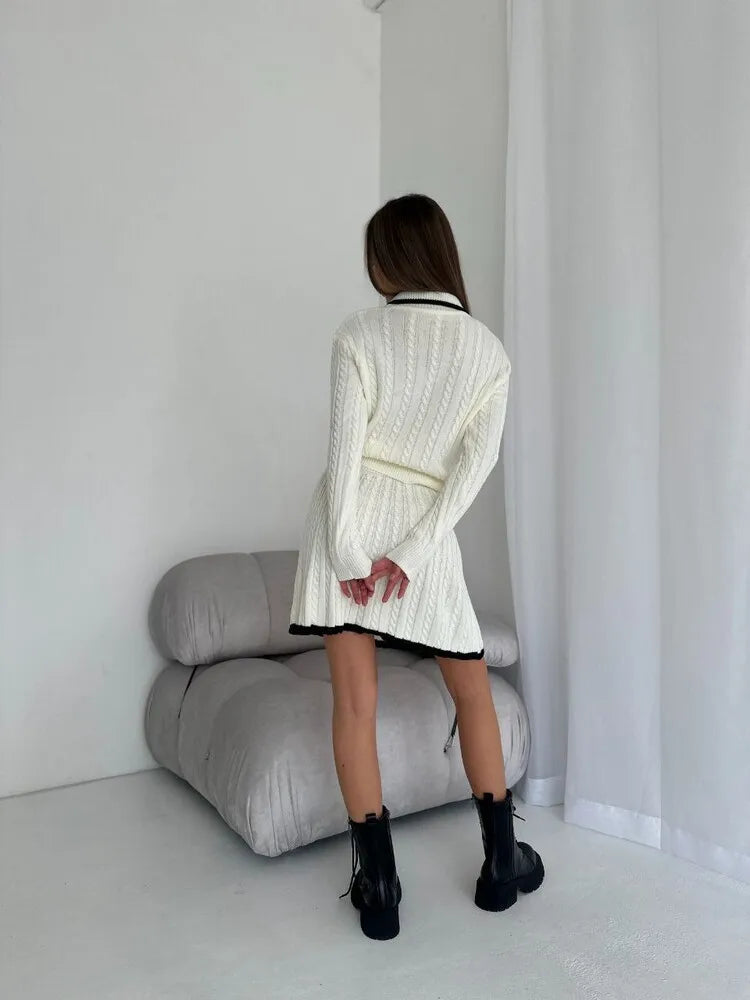 BKLD 2026 New Casual Skirt Sets Long Sleeve Tops Knitted Button Sweater And Mini Skirts Two Piece Sets Clothes For Women