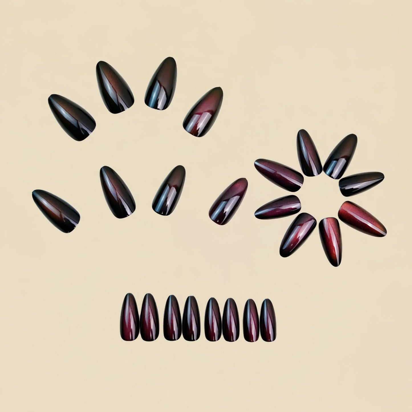Medium fake nails for women girls wine red black glossy shimmer cat eyes Almond nail tips full cover press on acrylic false nail