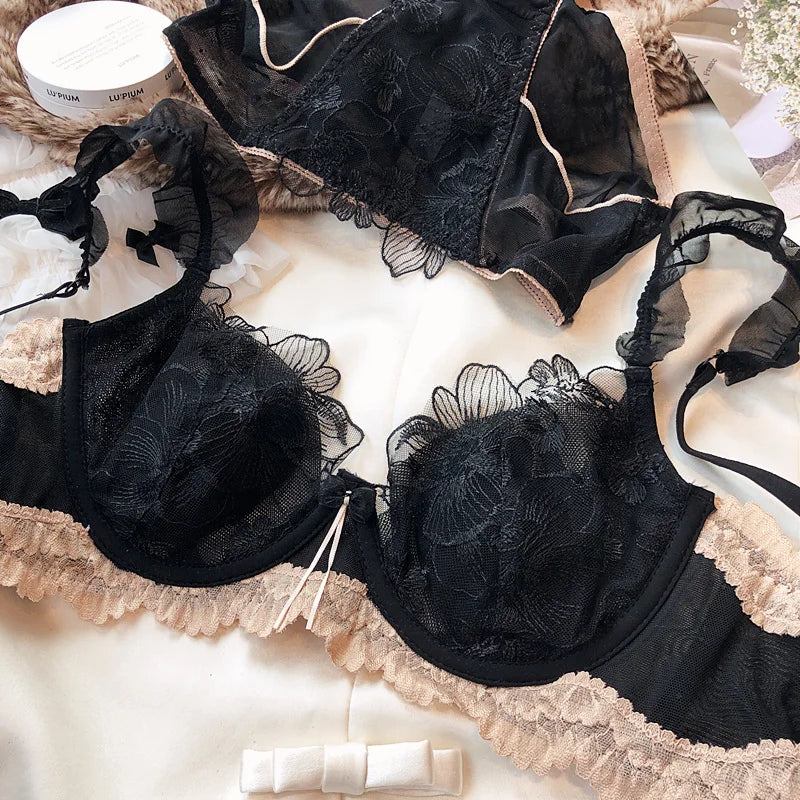 MOYISU French Elegant Embroidered Lace Minimizer Bra Support Soft Underwire Rabbit Ear Cup Sensual Lingerie Set Large Bust S-XL