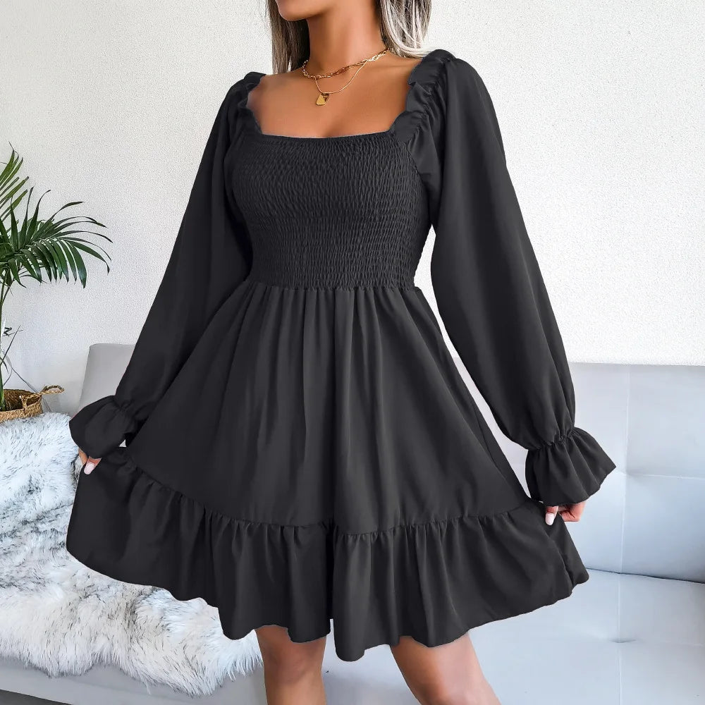 Spring Summer Casual Solid Color Square Neck Flared Long Sleeve Ruffled Dress Red Orange Green Black 2026 Fashion Woman Clothing