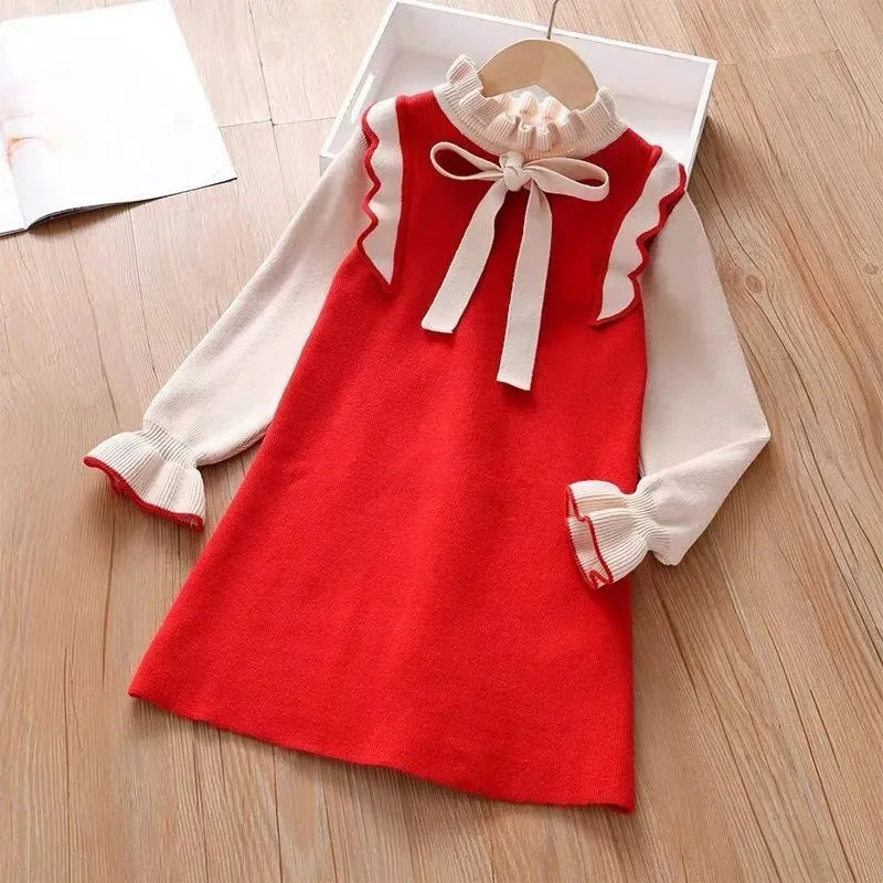 2026 Autumn winter Teenagers Girls Kids bowtie Knit Sweater Dresses Princess clothes new year christmas 4 5 6 7 8 9 10 11 year