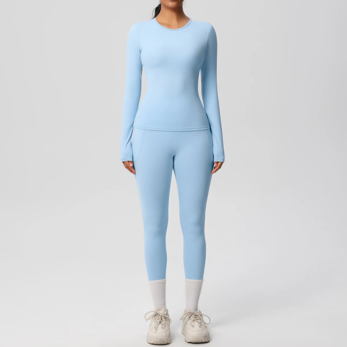 Summer 2PCS Women's Yoga Suit Solid Color High Stretch Slim Casual Long Sleeves Quick Drying Push Up Women Pockets Pants Set