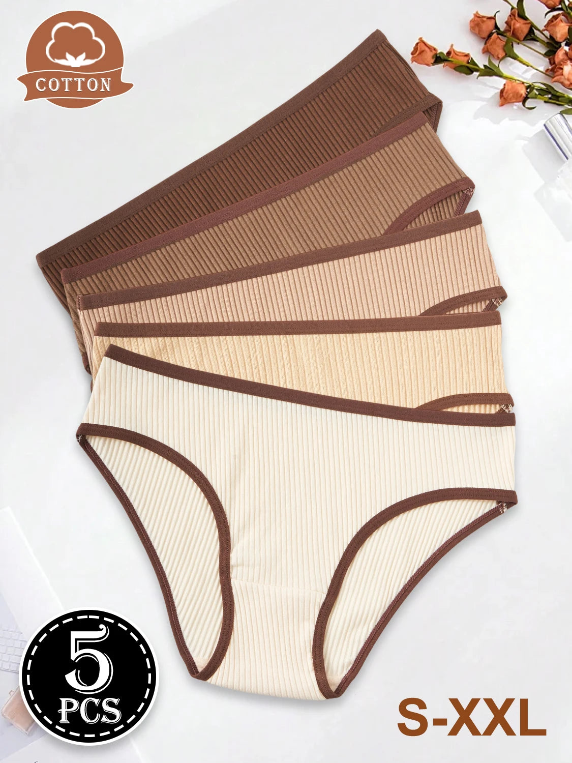 5PCS Maillard Color Sports Style Cotton Women's Panties Girls' Underwear Low-Rise Striped Breathable Female Soft Briefs Lingerie