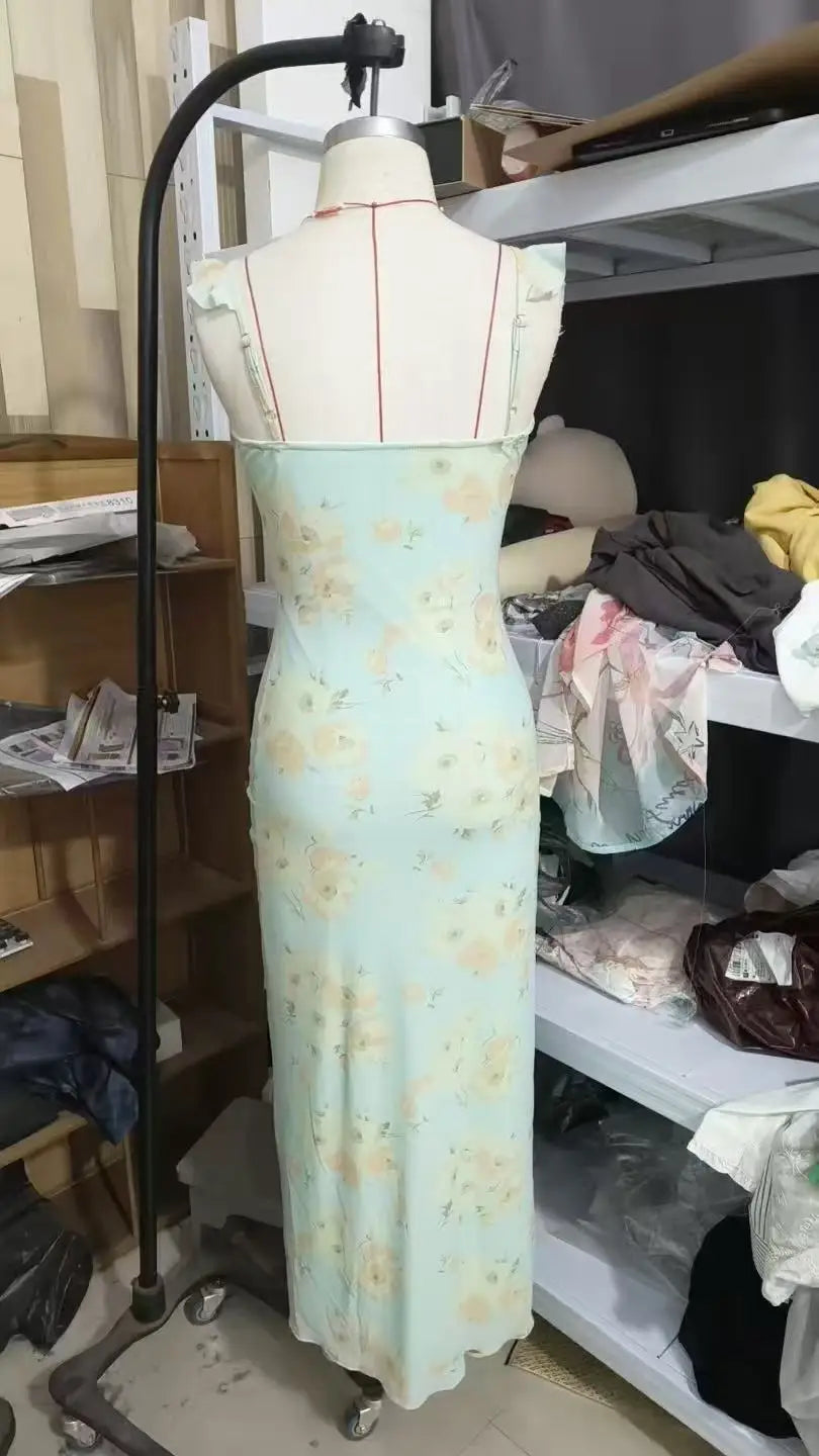 Elegant Summer Print Floral Dress Women V-neck Slim Ruffles Sleeveless Backless Long Dresses 2026 Beach Vacation Lady Vestidos
