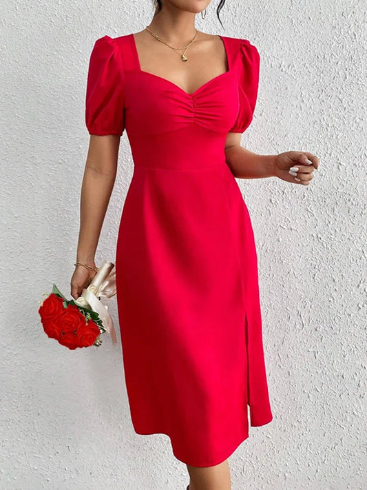 BKLD 2026 Women Clothing Square Neck Fashion Chest Pleated Split A-Line Party Dresses Y2k Puff Sleeve Red Dress Solid Color