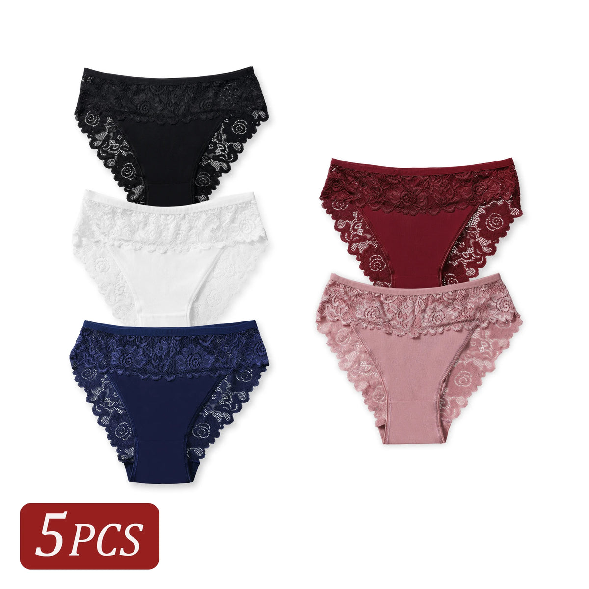 5PCS Women's Cotton Underwear Semi-Sheer Elegant Lace Floral Panties Solid Color Mid-Rise Comfortable Briefs Sexy Lingerie