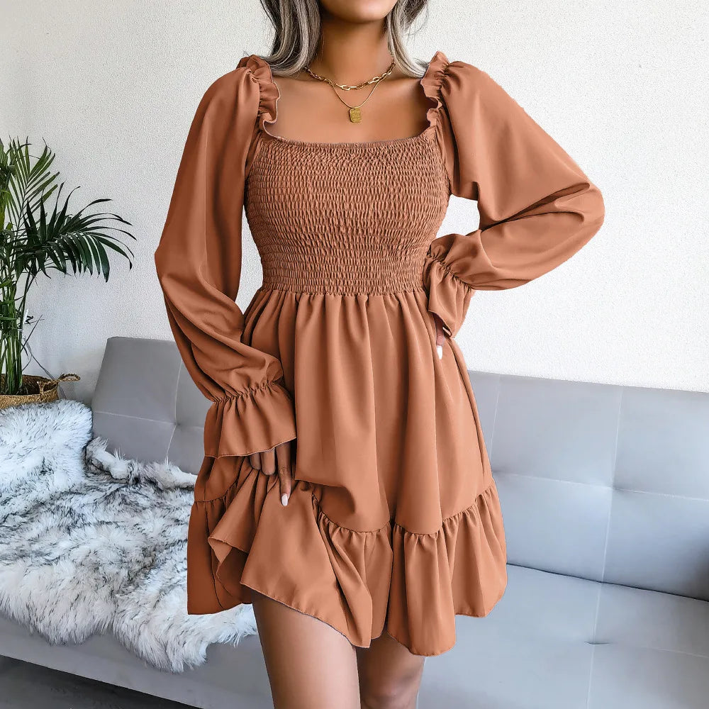 Spring Summer Casual Solid Color Square Neck Flared Long Sleeve Ruffled Dress Red Orange Green Black 2026 Fashion Woman Clothing