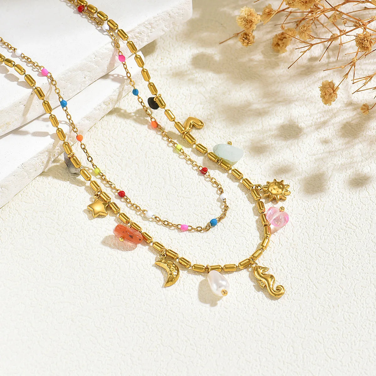 ZAKOL Fashion Double Oil Drip Necklace Ocean Style Stainless Steel Women's Natural Stone Seahorse Pendant Necklace Jewelry