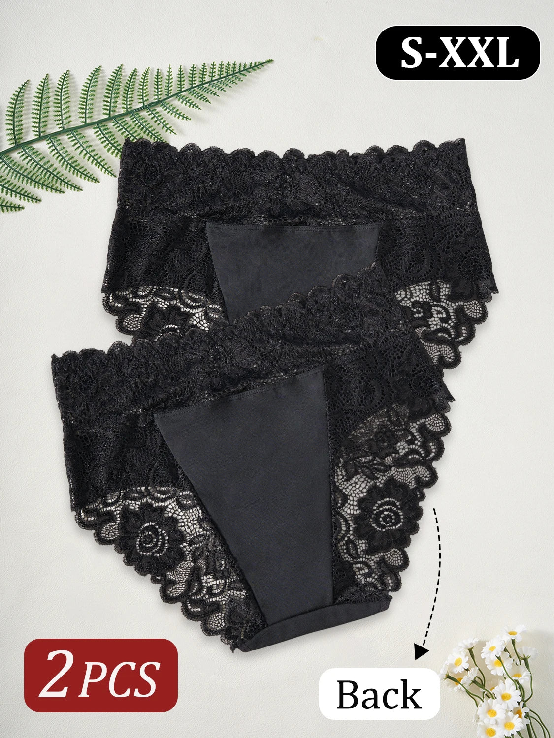 2PCS Black Women's Panties Luxury Lace Floral Hollow Out Sexy Underwear High Waist Briefs Lingerie S-XXL for Timeless Femininity