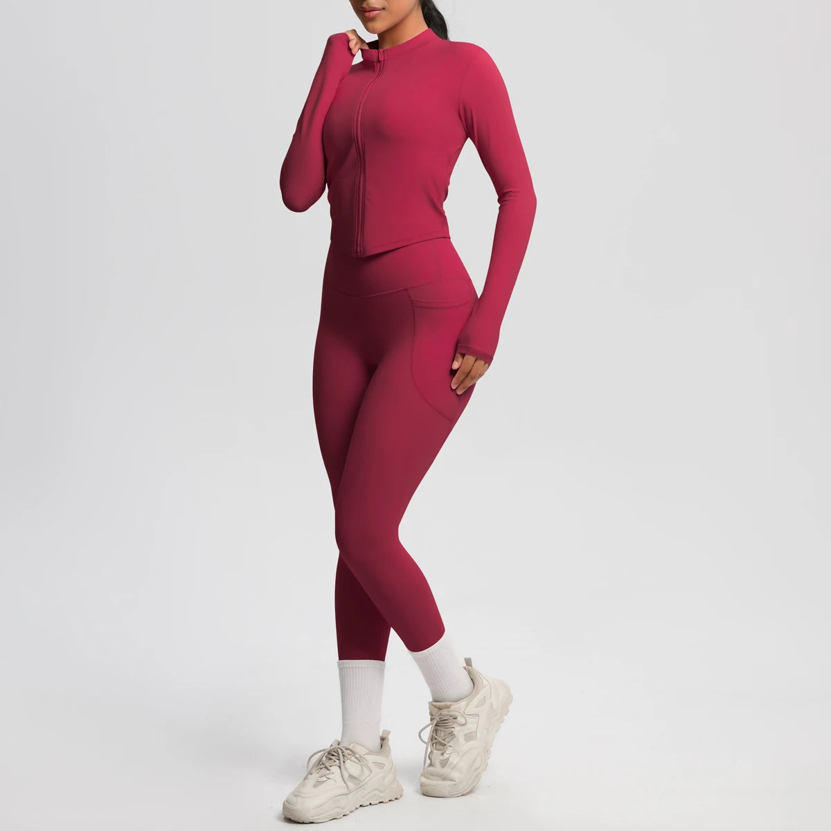 2PCS Yoga Suit Women Gym Set Leggings With Pocketed Women Tracksuit Running Zipper Workout Sportswear Long Sleeve Sports Shirt