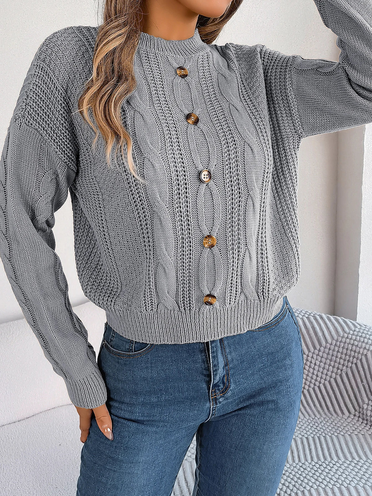 Women's Solid Color Round Neck Buttons Knitted Sweater 2026 Autumn Winter Casual Long Sleeve Pullover White Grey Green Woman Top