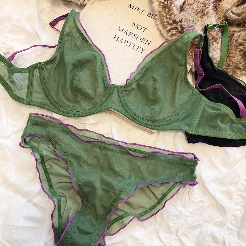Minimizer Bra Plus Size Underwire French Style Triangle Cup Push Up Mesh Sensual Lingerie Set Support 32-40 MOYISU Bra Set S-2XL