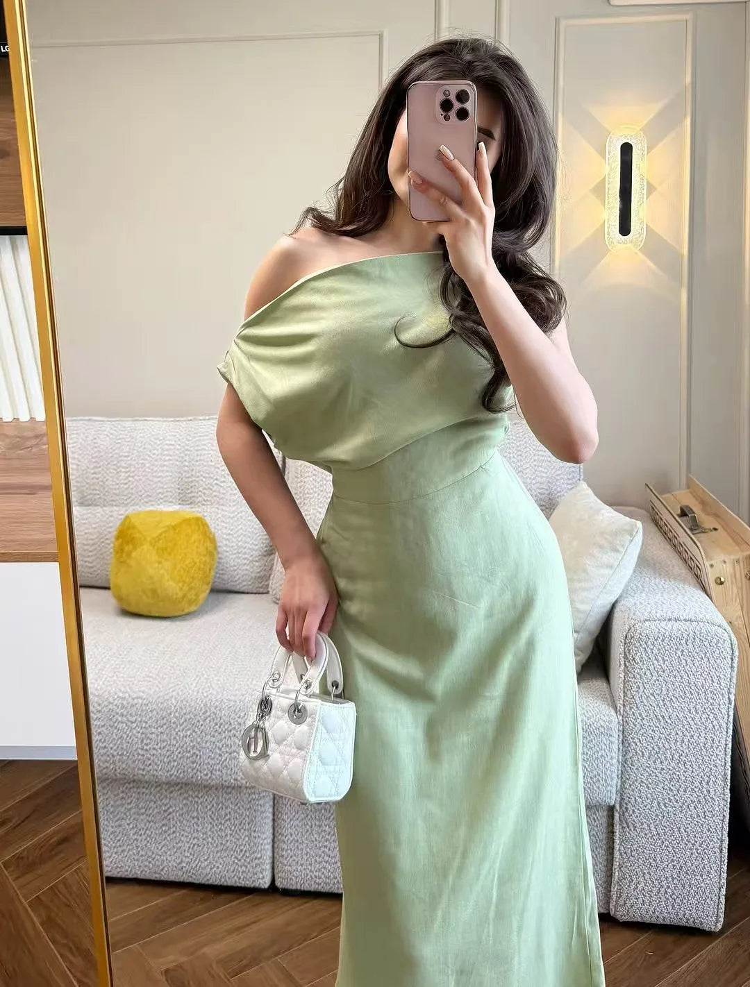 Elegant Solid One Shoulder Dresses Lady Skew Collar Waist-cinching Sleeveless Long Dress 2026 Women New Party Club Gowns