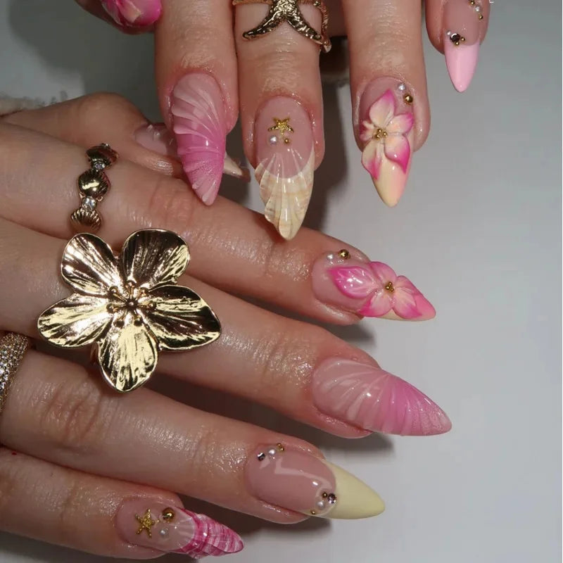 24PCS Pink Almond Press on Nails Full Cover Carved Flower 3D Ripples French Fake Nails for Women with Golden Pearl Wearable Nail