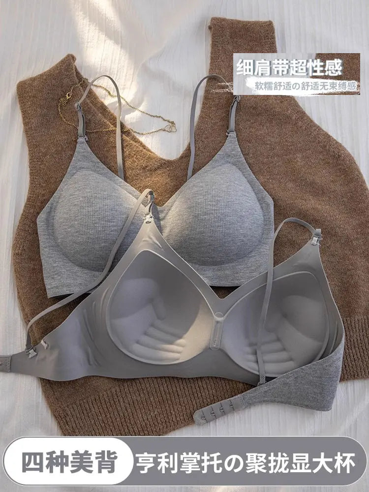 セクシー Bralette Small Chest Gathering Seamless Thin Straps Backless Wirefree Comfort Fixed Cup Lingerie Invisible Support Women US