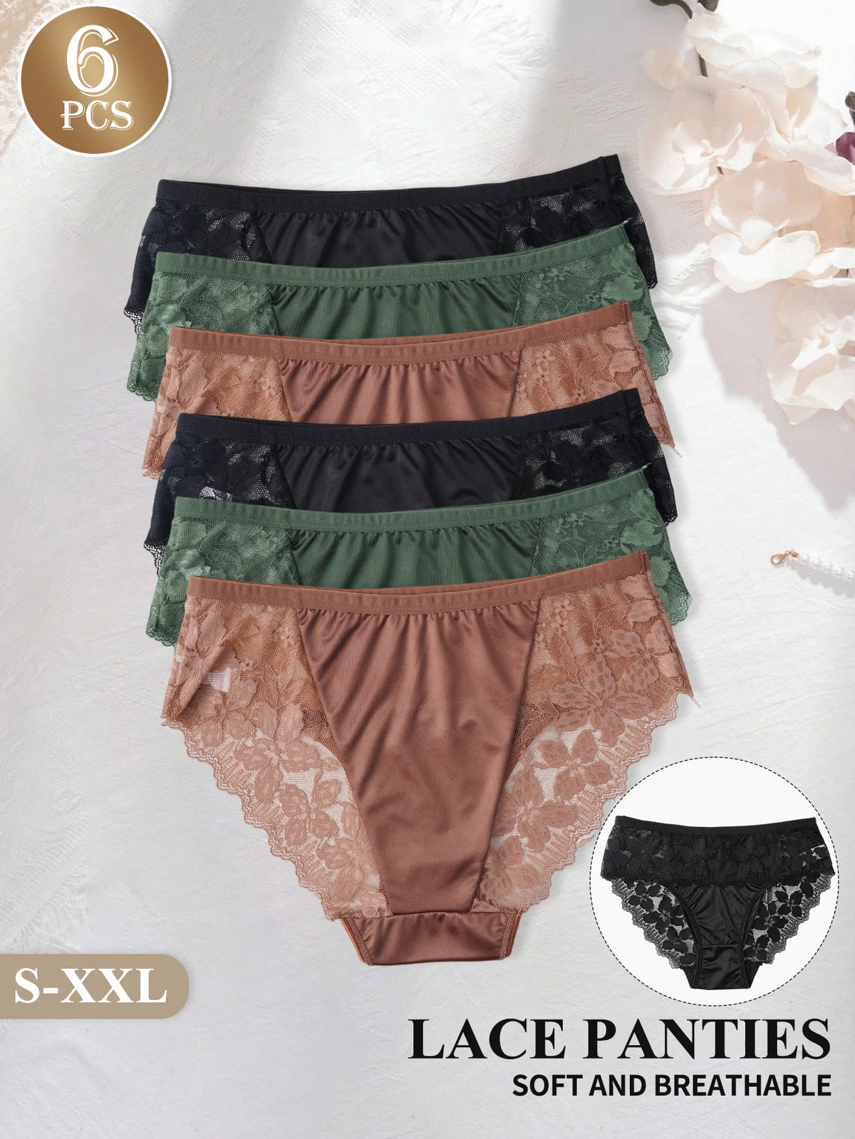 6 Pack Elegant Women's Lace Panties Solid Color Satin Mid-Rise Briefs Sexy Lace Floral Trim Breathable Ladies Underwear S-XXL ﻿