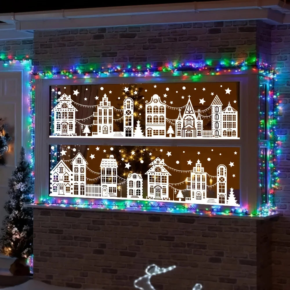 1PC New Christmas White Winter City Silhouette Window Cling Sticker Glass Door Store Decoration Snow Scene Home Decor
