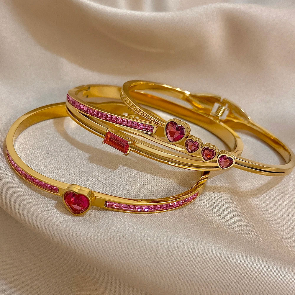 Flashbuy 3Pcs/Set 316L Stainless Steel Women's Bangles New Design Rose Red Love Heart Bracelets Waterproof Fashion Jewelry Gift