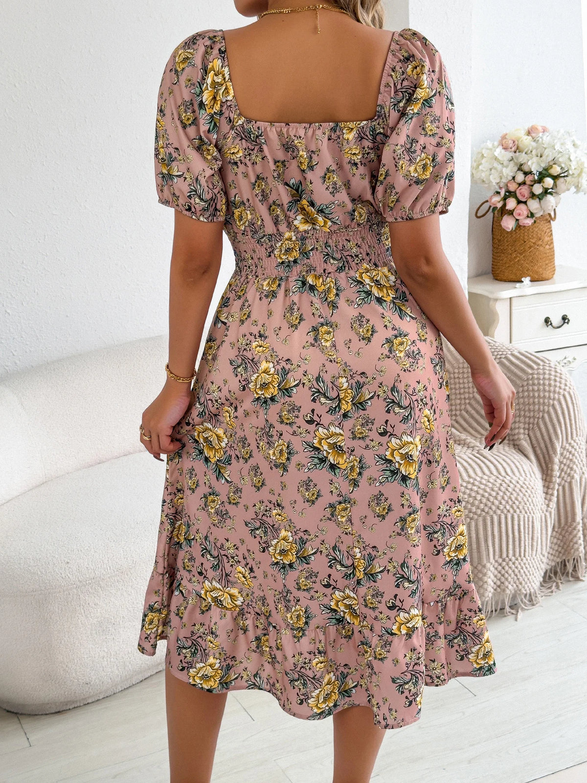 2026 Fashion Floral Print Dress for Women Spring Summer Casual Square Neck Short Sleeve Ruffled Long Dresses Woman Clothing
