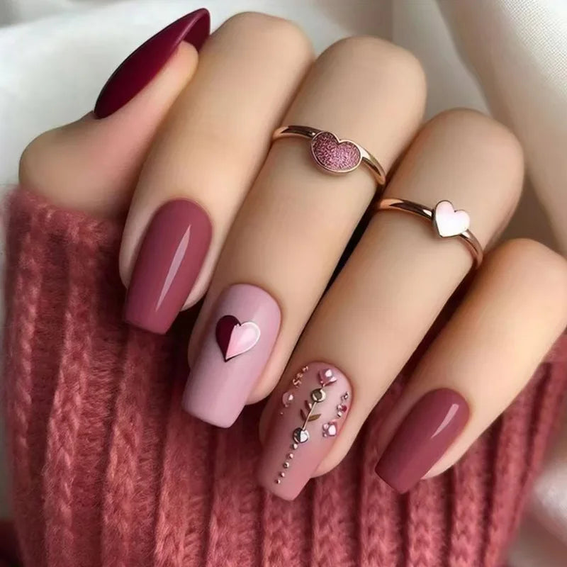 24Pcs Mid-length Ballet False Nails Red Love Pattern Design Press on Nails Simple Wearable Finished Coffin Fake Nail Tips