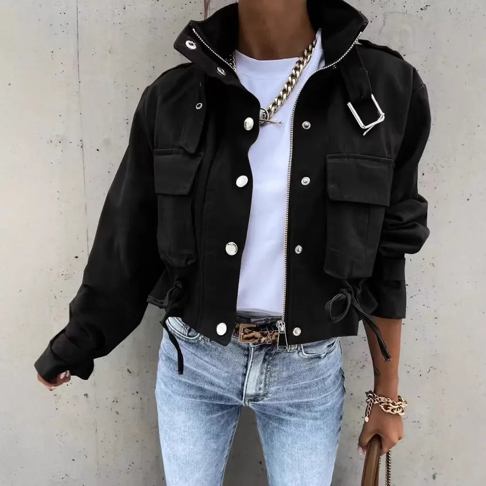 Women Cropped Cargo Jacket Stand Collar Zip Button Long Sleeve Coat Multi Pocket Drawstring Streetwear Casual Short Outerwear