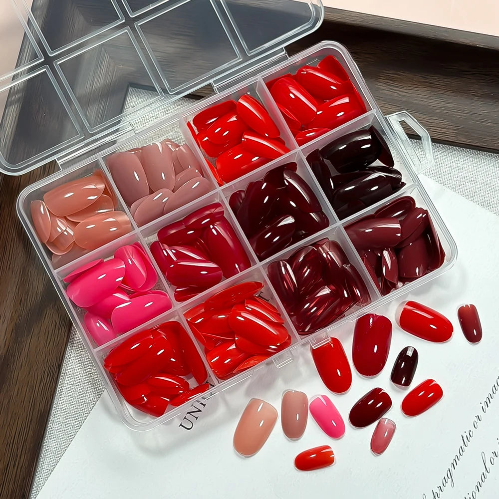288Pcs Short Almond Full Cover Fake Nail Tips Extensions Red/Nude/Pink Stiletto False Nails for Women DIY Wearable Press on Nail