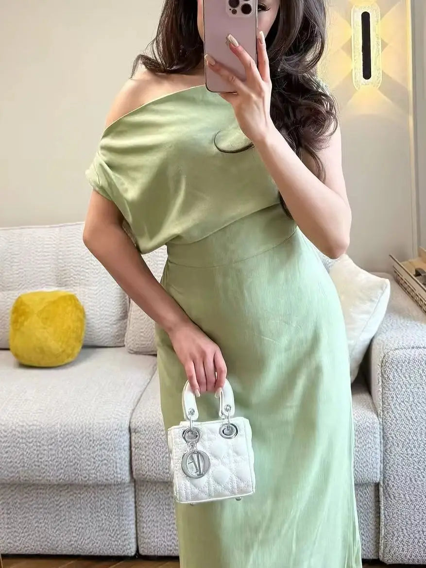 Elegant Solid One Shoulder Dresses Lady Skew Collar Waist-cinching Sleeveless Long Dress 2026 Women New Party Club Gowns