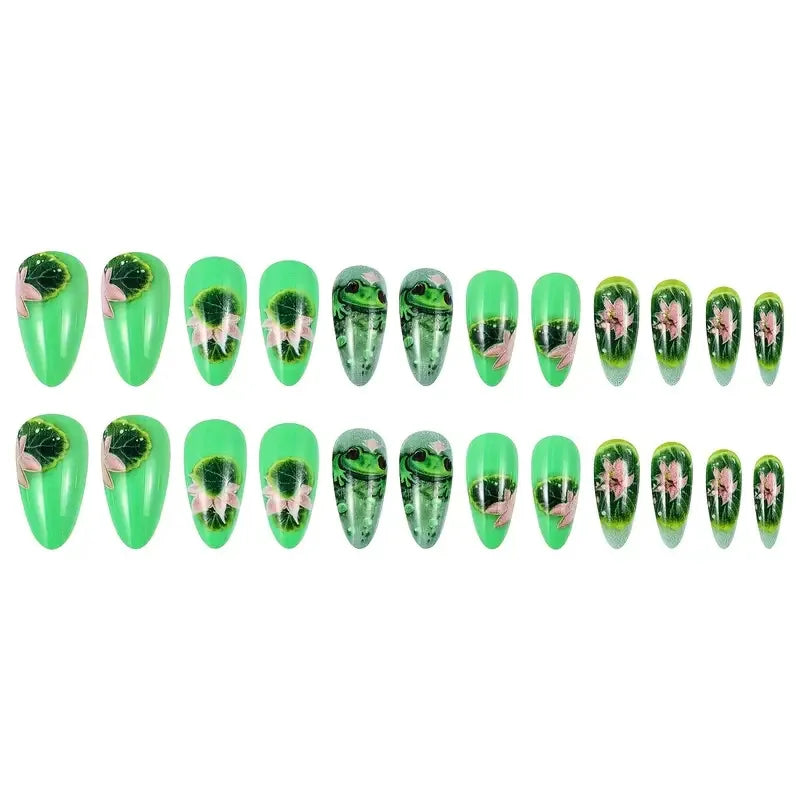 24pcs/set Medium long fake nails yellow dragon flowers feather design for Spring summer Square almond tips press on false nail