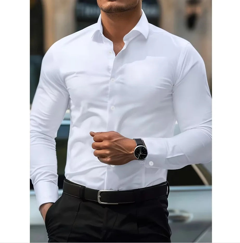 2025 Men's Shirt Brand New Solid Color Long Sleeve Smart Casual Four Season Elastic Male Business Shirts