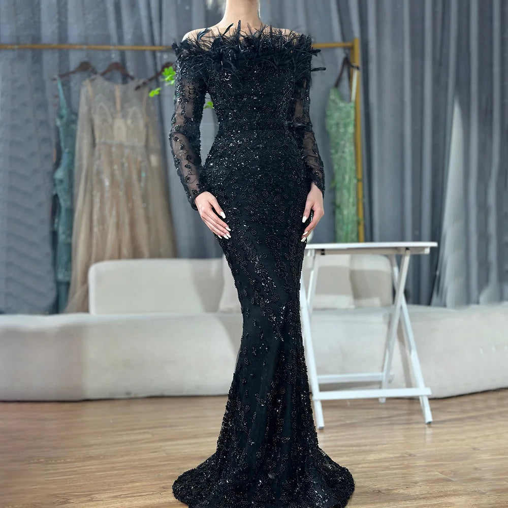 BKLD Woman Clothing Off The Shoulder Feather Mermaid Dress Sexy 2026 Solid Color Elegantes  Long Sleeve Party Dress Vestidos