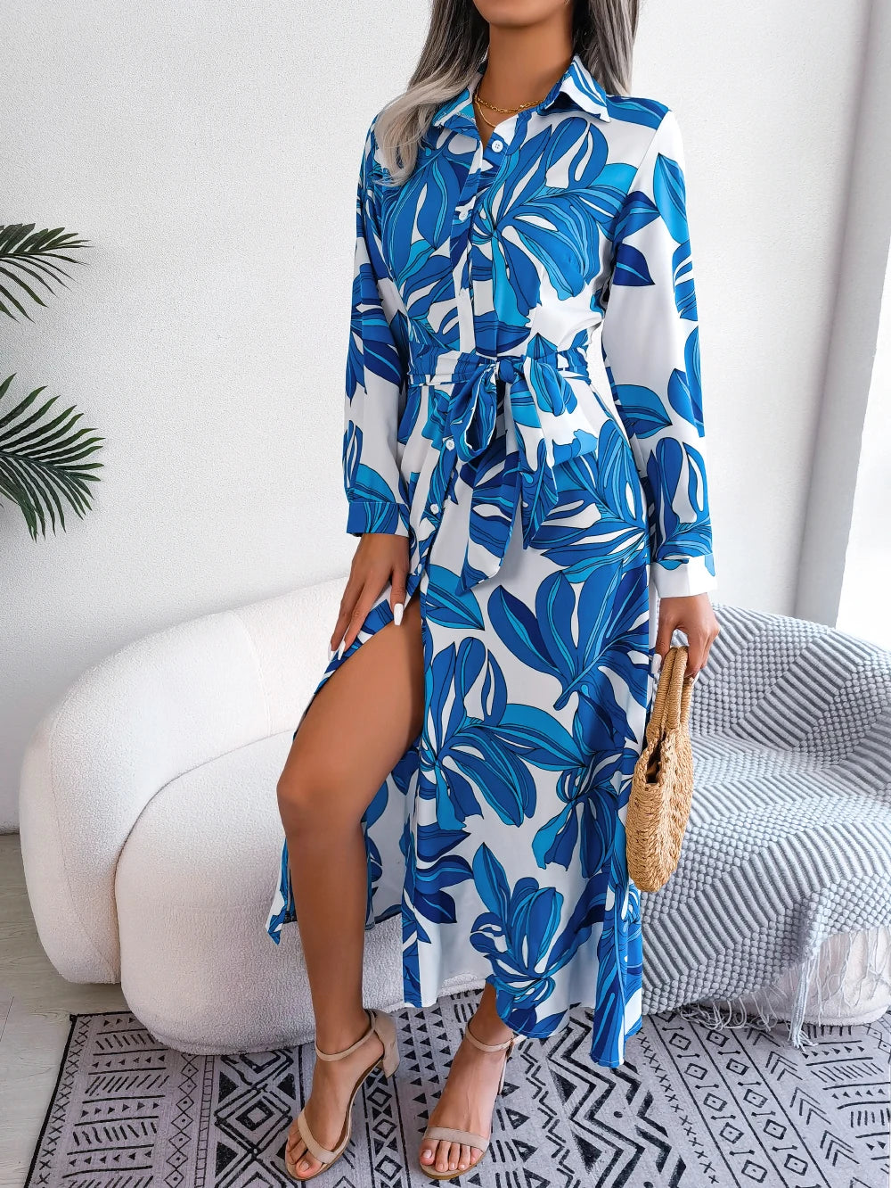 Women Casual Floral Print Long Sleeve Maxi Shirt Dress for Spring Autumn 2026 Elegant Contrast Color Lapel Buttons Long Dresses