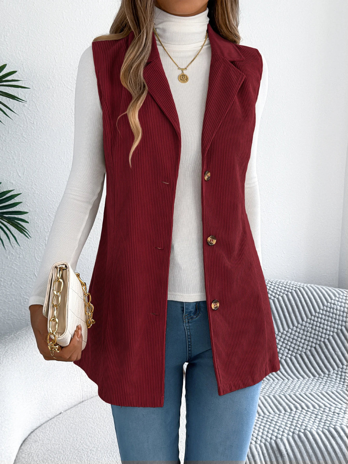 Autumn Winter Corduroy Coat Women 2026 Casual Solid Color Single Breasted Lapel Sleeveless Jacket Khaki Red Black Woman Clothing