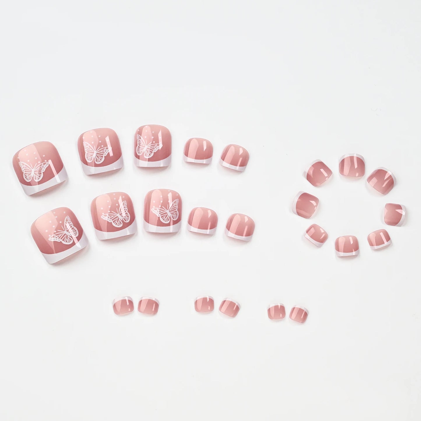 120Pcs Bronzing White Butterfly Design Fake Toenail Short Square Full Cover French False Toe Nails Summer Press On Toenails