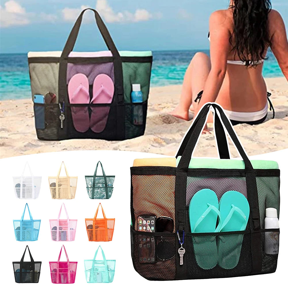 Mesh Beach Bags Beach Tote Bag With Multi Pockets Large Capacity Travel Tote Handbag Swim Pool Bag Multifunctional Storage Bag