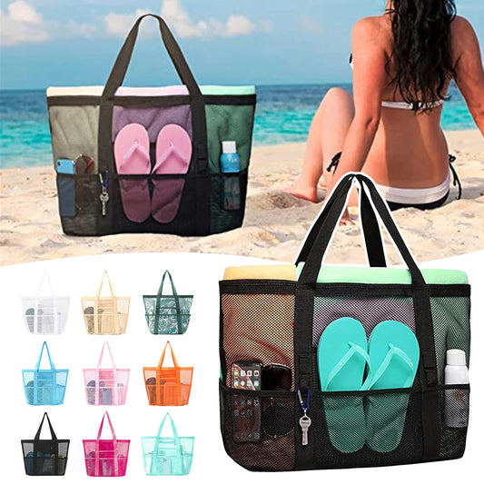 Mesh Beach Bags Beach Tote Bag With Multi Pockets Large Capacity Travel Tote Handbag Swim Pool Bag Multifunctional Storage Bag